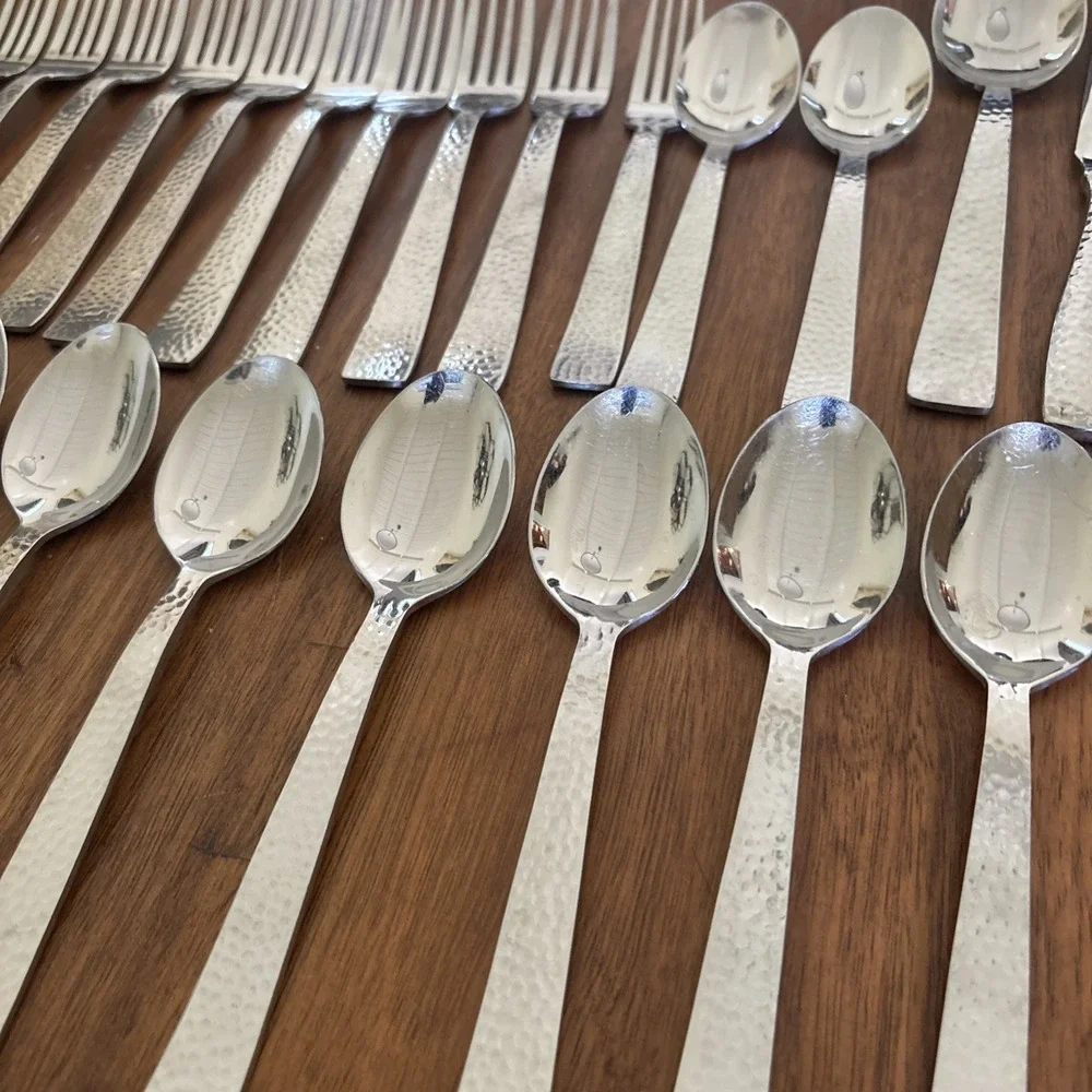 Godinger Castello Hammered Stainless Flatware Knives Forks Spoons - Lot Of 45